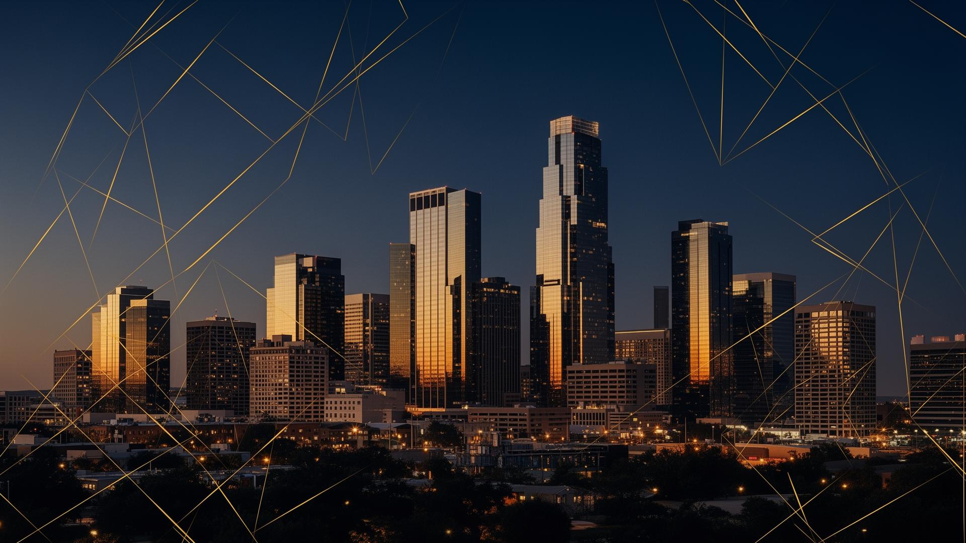 Texas skyline at dusk with digital network overlay